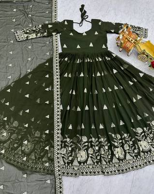 olive green sequin embroidered georgette anarkali set 4