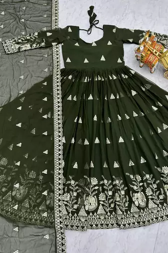 olive green sequin embroidered georgette anarkali set