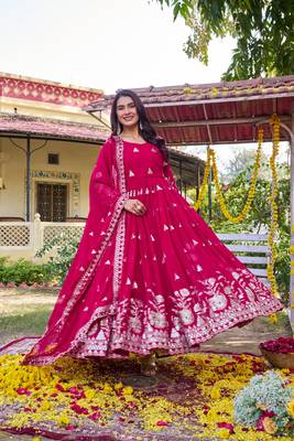 rani pink sequin embroidered georgette anarkali gown set 1