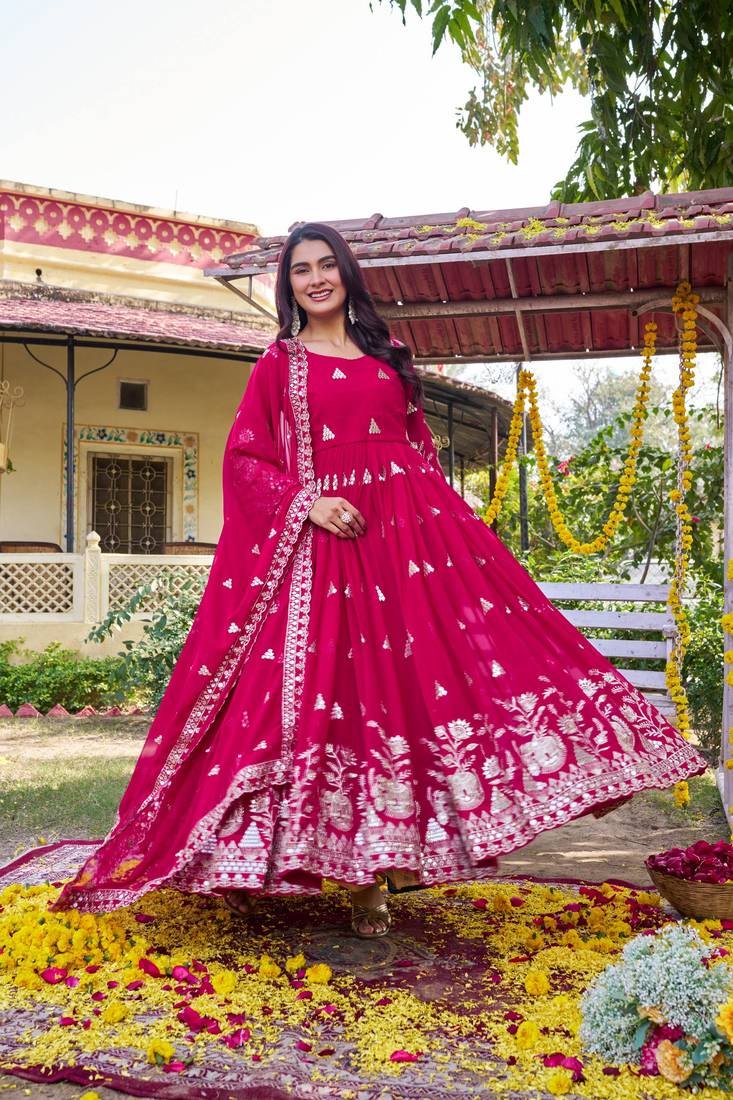 Womens casual party wear heavy 7mm sequence embroidery work gown set