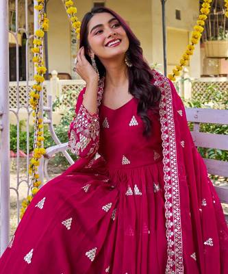rani pink sequin embroidered georgette anarkali gown set 2