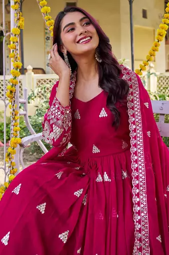 rani pink sequin embroidered georgette anarkali gown set