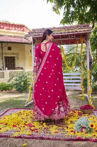 rani pink sequin embroidered georgette anarkali gown set