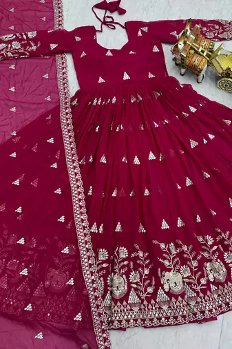 rani pink sequin embroidered georgette anarkali gown set