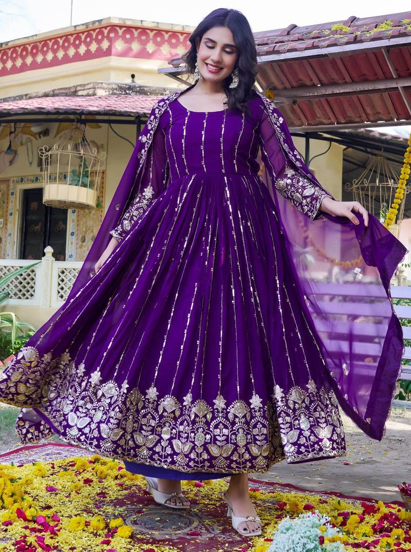Womens casual party wear heavy 5mm sequence embroidery work gown set
