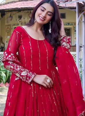 red heavy sequin embroidered fox georgette anarkali gown set 2