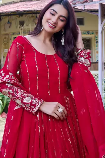 red heavy sequin embroidered fox georgette anarkali gown set
