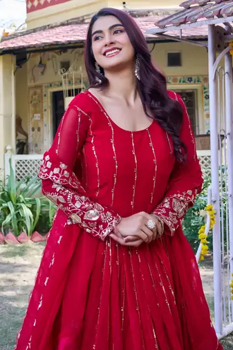 red heavy sequin embroidered fox georgette anarkali gown set