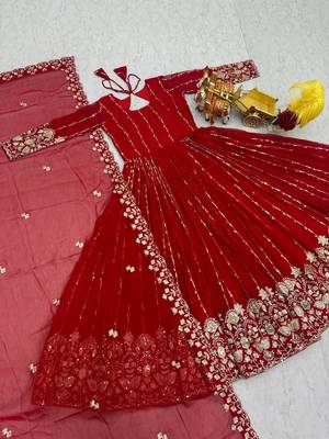 red heavy sequin embroidered fox georgette anarkali gown set 4