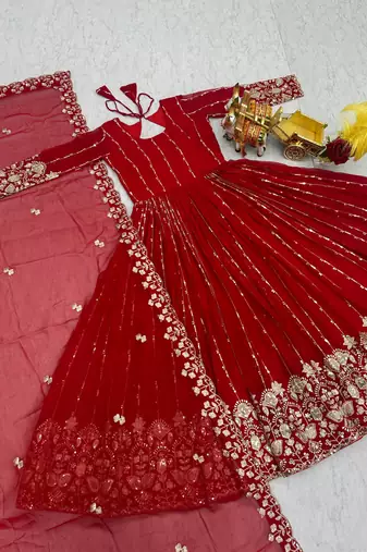 red heavy sequin embroidered fox georgette anarkali gown set