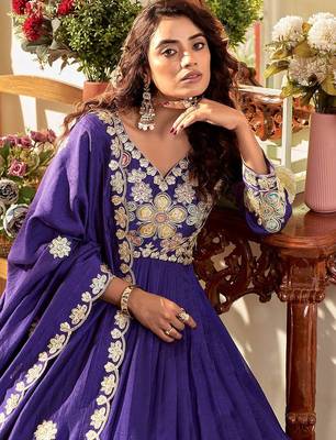 royal blue sequin embroidered pure vichitra silk anarkali gown set 2