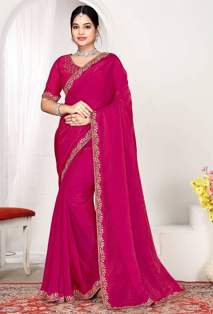Designer rani heavy zarkan work two tone satin silk saree