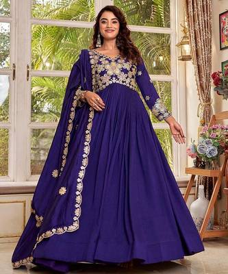 royal blue sequin embroidered pure vichitra silk anarkali gown set 3