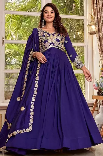 royal blue sequin embroidered pure vichitra silk anarkali gown set