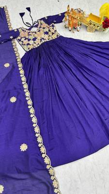 royal blue sequin embroidered pure vichitra silk anarkali gown set 4