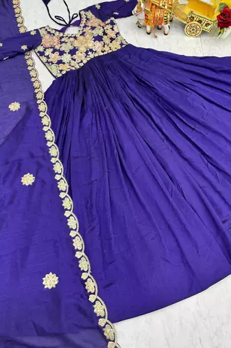 royal blue sequin embroidered pure vichitra silk anarkali gown set