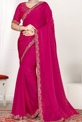 rani pink two tone satin designer silk saree with heavy zarkan work 3