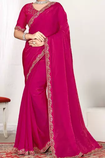 rani pink two tone satin designer silk saree with heavy zarkan work