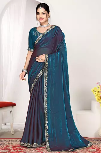 Designer teal blue zarkan work two tone satin silk saree