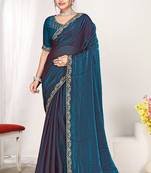 Designer teal blue zarkan work two tone satin silk saree