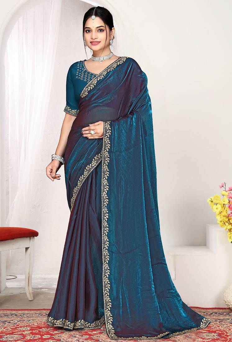 Designer teal blue zarkan work two tone satin silk saree
