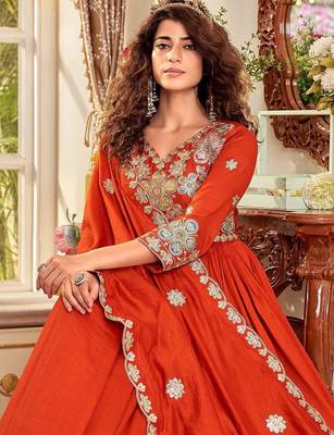 rust orange sequin embroidered pure vichitra silk anarkali gown set 2
