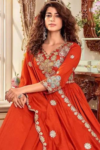 rust orange sequin embroidered pure vichitra silk anarkali gown set
