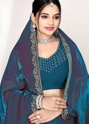 teal blue two tone satin designer silk saree with zarkan work 2
