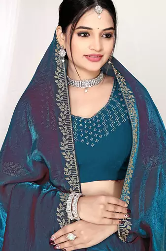 teal blue two tone satin designer silk saree with zarkan work