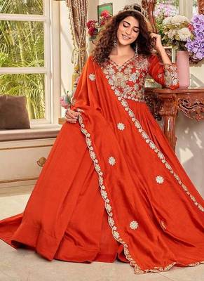 rust orange sequin embroidered pure vichitra silk anarkali gown set 3