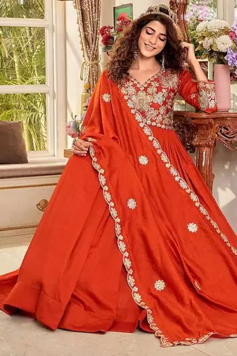 rust orange sequin embroidered pure vichitra silk anarkali gown set