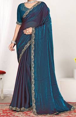 teal blue two tone satin designer silk saree with zarkan work 3