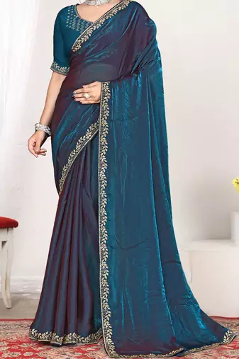 teal blue two tone satin designer silk saree with zarkan work