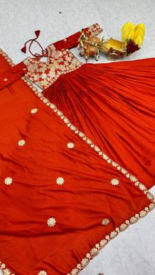 rust orange sequin embroidered pure vichitra silk anarkali gown set 4