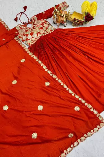 rust orange sequin embroidered pure vichitra silk anarkali gown set