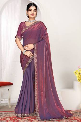 Designer purple heavy zarkan work two tone satin silk saree