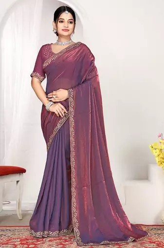 Designer purple heavy zarkan work two tone satin silk saree