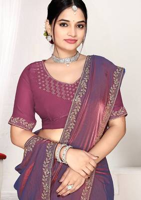 purple two tone satin designer silk saree with heavy zarkan work 2