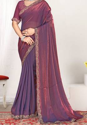 purple two tone satin designer silk saree with heavy zarkan work 3