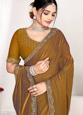 golden heavy zarkan work two tone satin designer silk saree 2