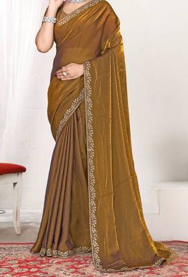 golden heavy zarkan work two tone satin designer silk saree 3
