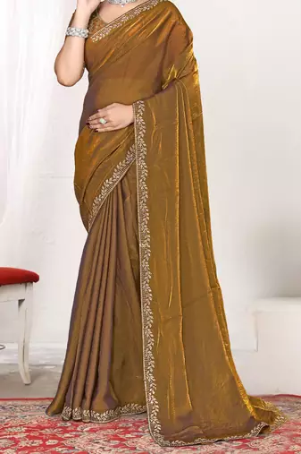 golden heavy zarkan work two tone satin designer silk saree