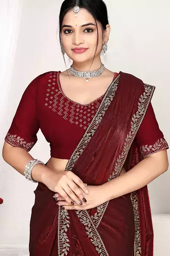 maroon heavy zarkan work two tone satin designer silk saree