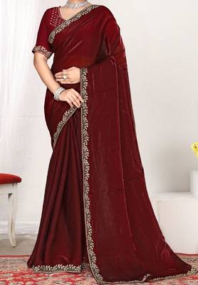 maroon heavy zarkan work two tone satin designer silk saree 3