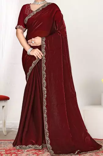maroon heavy zarkan work two tone satin designer silk saree