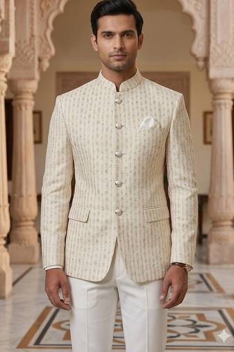 White imported soft golden jari jodhpuri for men | premium designer bandhgala ethnic wear