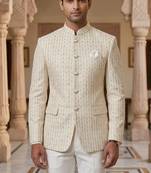 White imported soft golden jari jodhpuri for men | premium designer bandhgala ethnic wear