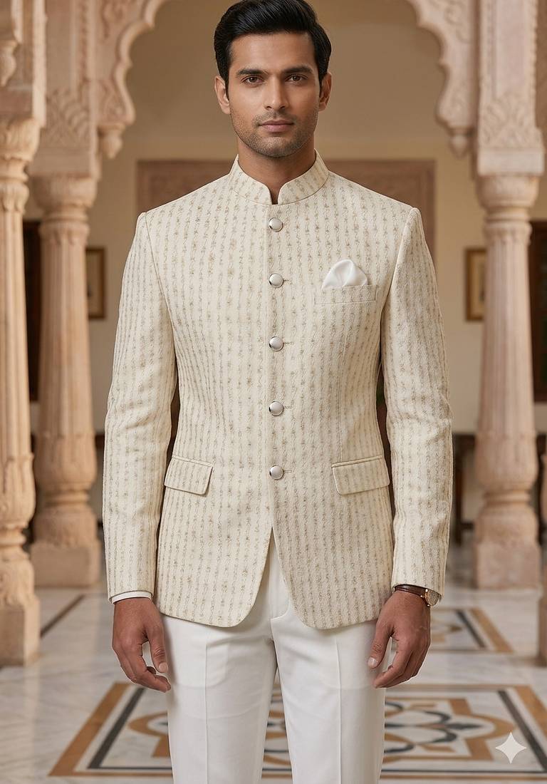 White imported soft golden jari jodhpuri for men | premium designer bandhgala ethnic wear