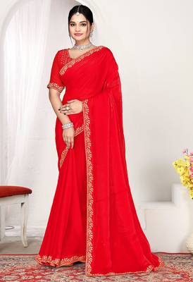 red heavy zarkan work two tone satin designer silk saree 1