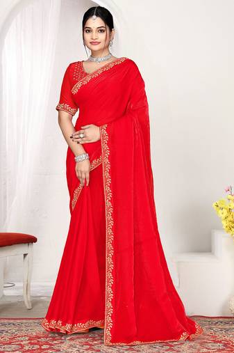 Designer red heavy zarkan work two tone satin silk saree